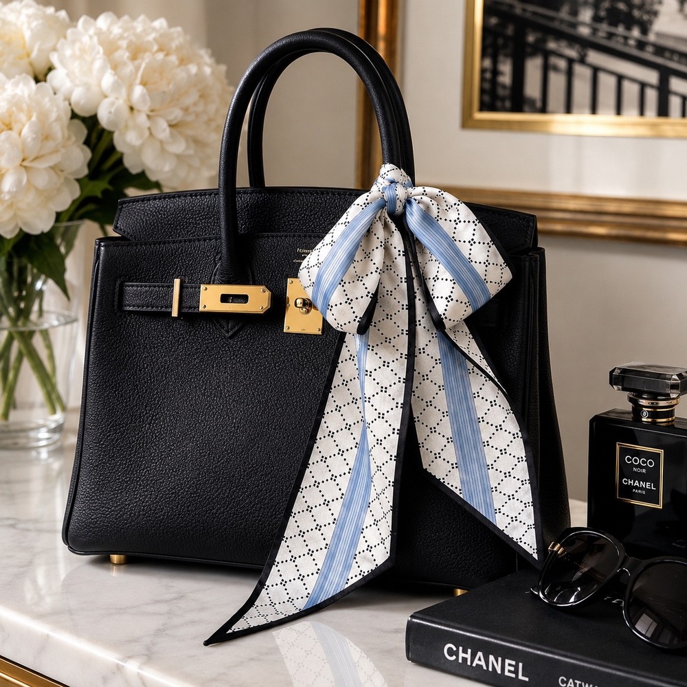 Women's Twilly Skinny Scarf White Blue Black Geometric Print Bag Hair Neck Wrap